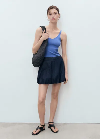 Mango Top Maille Col V Bleu Ciel - Femme - L -