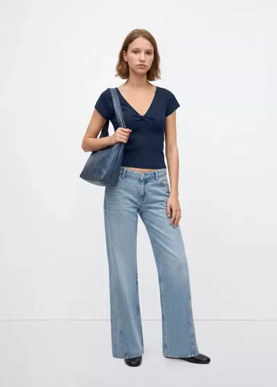 Mango Top Maille Col V In Bleu Marine