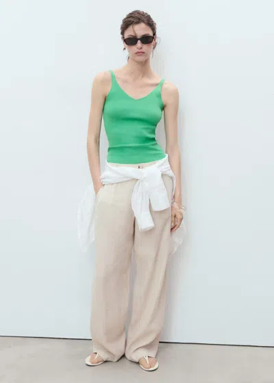 Mango Top Maille Col V Vert - Femme - L -