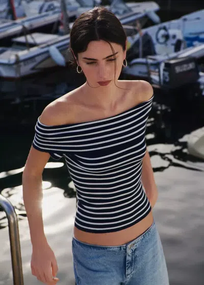 Mango Top Rayures Col Bateau In Blue
