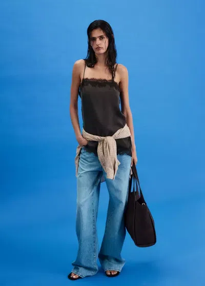 Mango Top Satiné Avec Dentelle In Brown