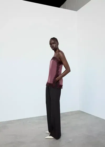 Mango Top Satiné Dentelle In Grenat