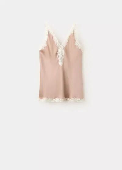 Mango Top Satiné Dentelle In Pink