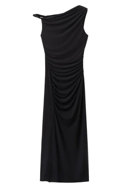 Mango Tory Ruched One-shoulder Midi Dress In Black
