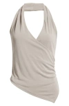 Mango Asymmetric Halter Neck Top With Ruched Cinch Waist Detail In Neutral