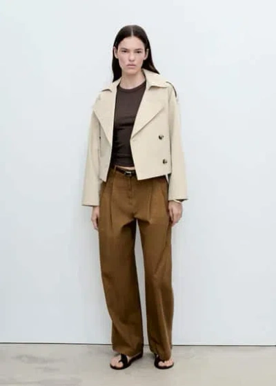 Mango Double-breasted Cropped Trench Coat In Light/pastel Grey