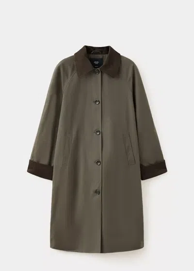 Mango Trench Long En Coton Avec Col En Velours Côtelé In Vert Foncé