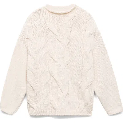 Mango Trenzas Cable Roll Neck Sweater In White