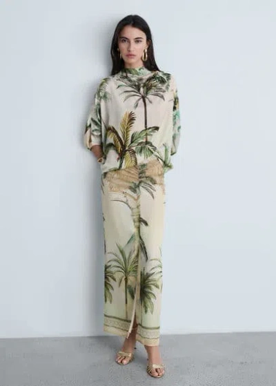 Mango Tropical Print Straight Skirt Ecru