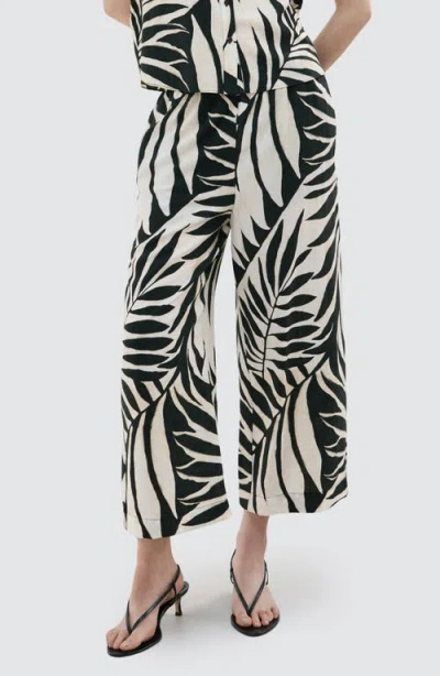 Mango Tropical Print Wide Leg Pants In Black