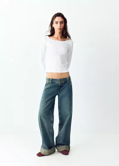 Mango T-shirt Col Bateau À Clous In Blanc Cassé