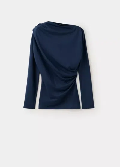 Mango T-shirt Col Bateau Avec Détail Drapé In Bleu Marine Foncé