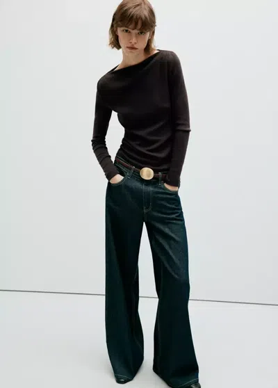 Mango T-shirt Col Bateau Manches Longues In Chocolat