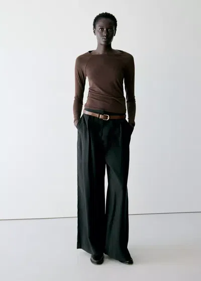 Mango T-shirt Col Bateau Uni In Brown