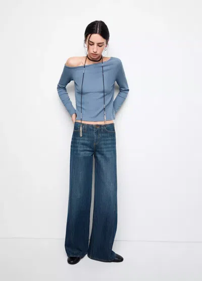 Mango T-shirt Côtelé Asymétrique In Bleu