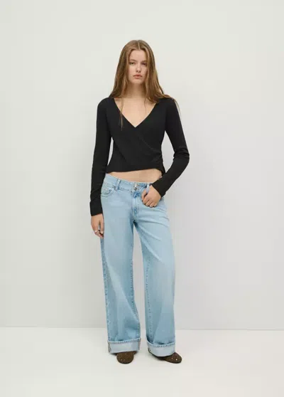Mango T-shirt Côtelé Croisé In Noir