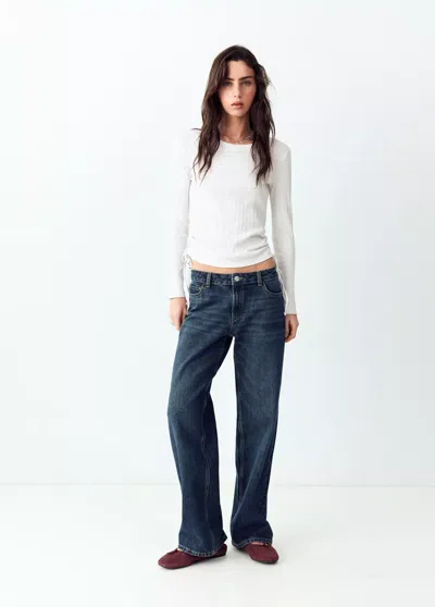 Mango T-shirt Côtelé Détail Froncé In Blanc Cassé