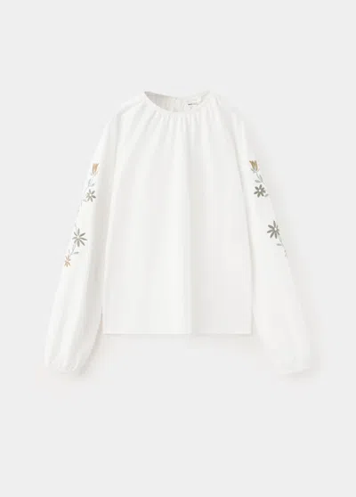 Mango Kids' T-shirt Coton Broderie À Fleurs In Blanc Cassé