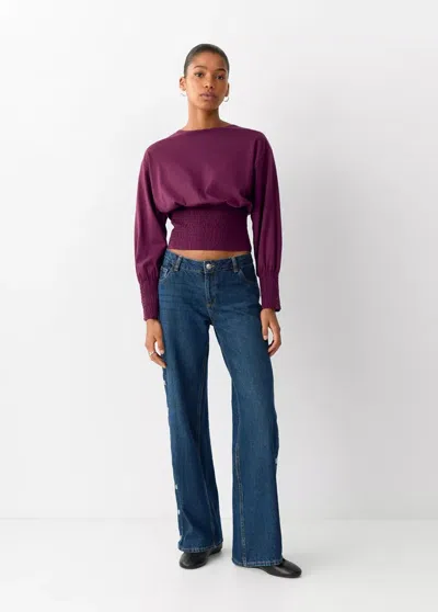 Mango T-shirt Coton Détails Froncés In Burgundy