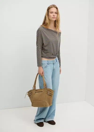 Mango T-shirt Rayé Épaule Dénudée In Bleu Marine
