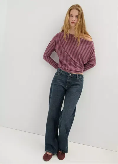 Mango T-shirt Rayé Épaule Dénudée In Rose