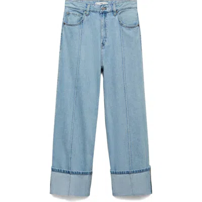 Mango Turned Up Wide Leg Jeans In Blue