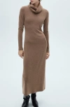 Mango Turtleneck Long Sleeve Knit Sweater Dress In Brown