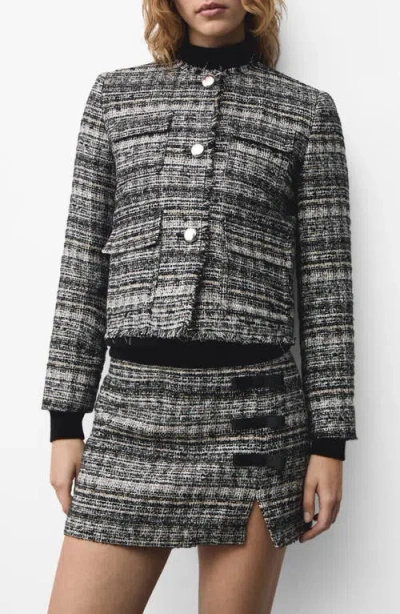 Mango Tweed Fringe Trim Jacket In Black