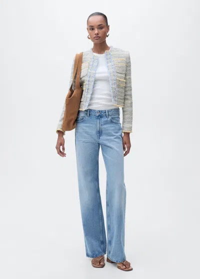 Mango Tweed Jacket With Frayed Ends Sky Blue