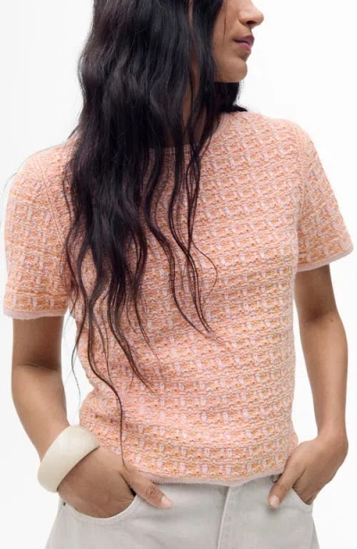 Mango Tweed Knit Short Sleeve Sweater In Pastel Pink