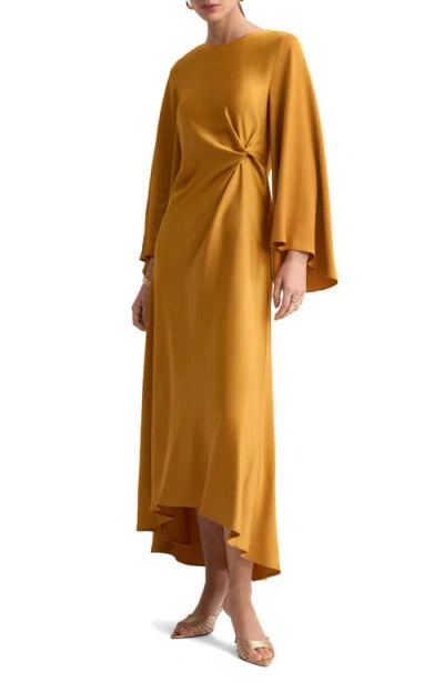 Mango Twist Flutter Sleeve Satin Dress In Gold