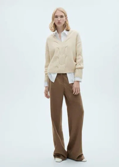 Mango V-neck Braided Sweater Ecru