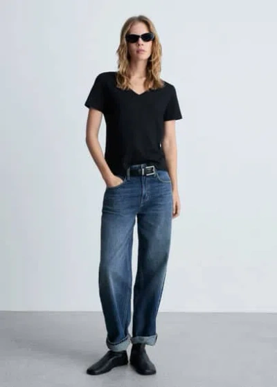 Mango V-neck Cotton T-shirt Black