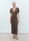 Mango Robe Col V Froncé Marron - Femme - L -