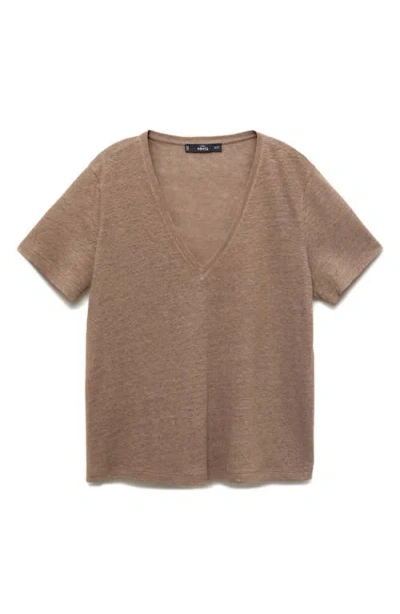 Mango V-neck Linen T-shirt In Brown