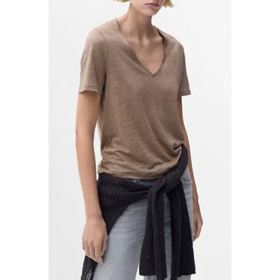 Mango V-neck Linen T-shirt In Brown