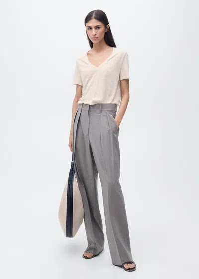 Mango V-neck Linen T-shirt Ecru