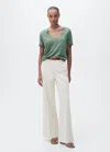 Mango V-neck Linen T-shirt Green