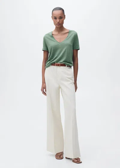 Mango V-neck Linen T-shirt Green