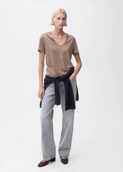 Mango V-neck Linen T-shirt In Light/pastel Brown