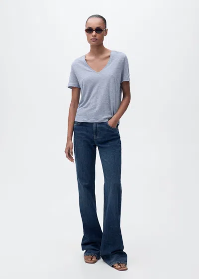 Mango V-neck Linen T-shirt Sky Blue