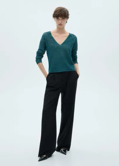 Mango V-neck Lurex Sweater Green
