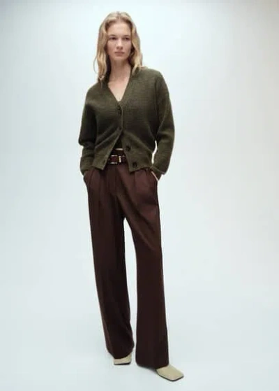 Mango V-neck Ribbed Cardigan Khaki