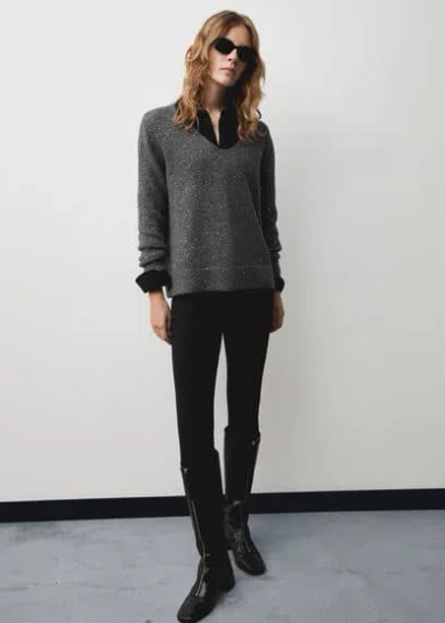 Mango V-neck Sequin Sweater Charcoal