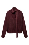 Mango V-neck Sweater With Scarf In Burgundy