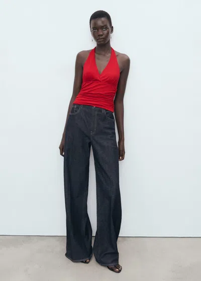 Mango V-neck Top With Open Back Red