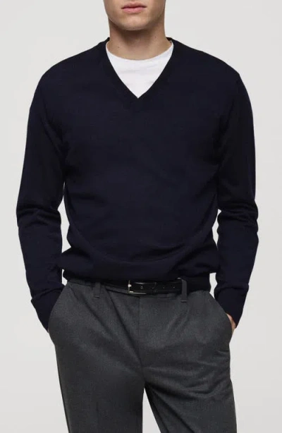 Mango V-neck Wool Sweater In Dark Navy