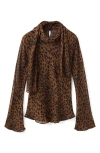 Mango Valeria Print Tie Neck Top In Brown