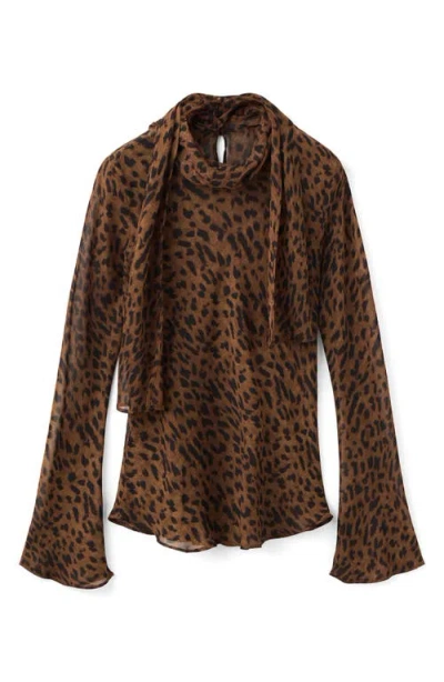 Mango Valeria Print Tie Neck Top In Brown