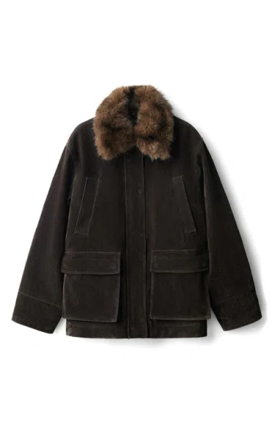 Mango Velvet Finish Coat With Removable Faux-fur Collar In Brown